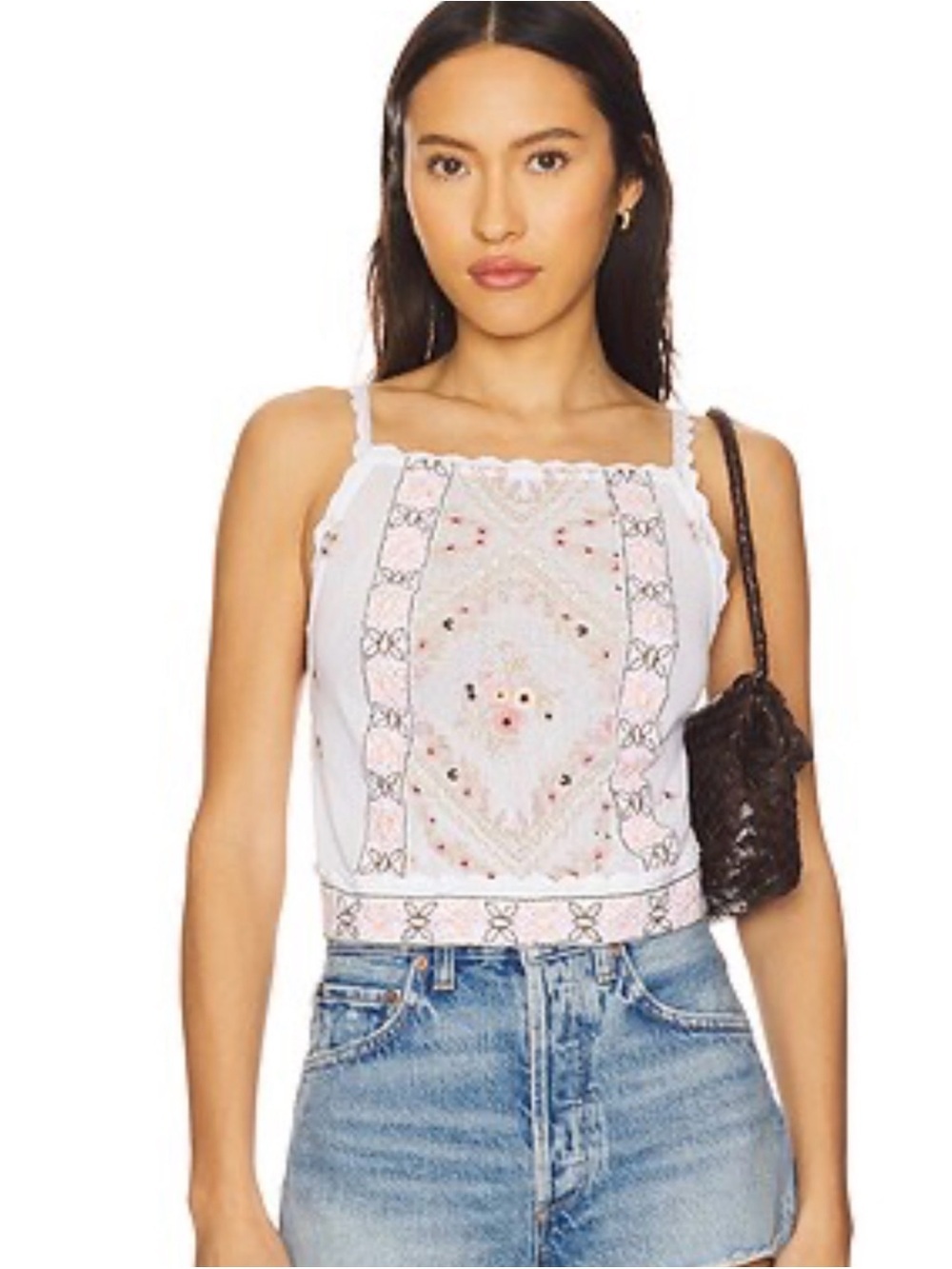 Free People NWT Embroidered Handkerchief Camisole Top Boho Tie Back Size Large